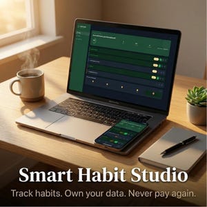 May include: A laptop and smartphone displaying a habit tracking app interface. The laptop is open on a wooden desk, with a coffee mug, succulent plant, notebook, and pen nearby. The text "Smart Habit Studio" is visible.