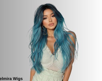 Blue Ombre Long Wave Synthetic Wig Heat Resistant Natural Texture Cosplay Wig