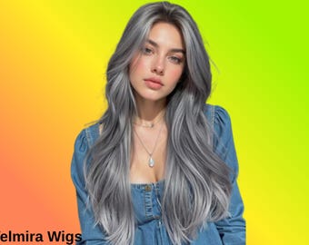 Peluca sintética ondulada con degradado gris (ombre) y flequillo de 24 pulgadas, resistente al calor