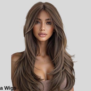 Peluca Sintética Balayage Marrón con Corte Mariposa en Capas, Flequillo Cortina y Cabello Largo Liso