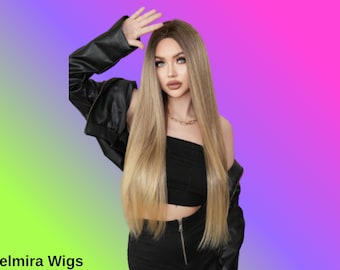 Peluca larga lisa rubio ombré de fibras sintéticas resistentes al calor con raya al medio