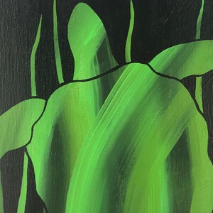 Sea Turtle Swimming in Sea Grass Green Sea Turtle on Black Canvas Ocean Art Sea Turtle Painting 8&#39; x 10&quot; Glossy Finish