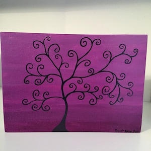Plum Tree Painting on Recycled Wood Black Tree on Purple Re-purposed Fence Board Hand Painted Wall Art Plaque Home Decor