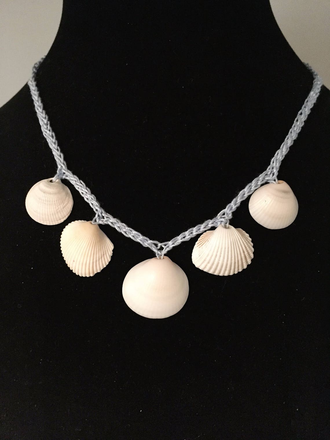 Seashell Crocheted Necklace on Blue Cotton Thread 5 Seashells Etsy