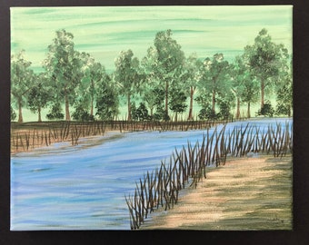 Peaceful Landscape By the River Acrylic Painting Country Landscape River Trees Reeds 8 x 10 Acrylic on Canvas Wall Art