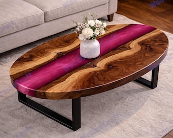 Tavolino da caffè ovale in resina epossidica rosa, realizzato a mano con effetto fiume / Mobile in legno e resina