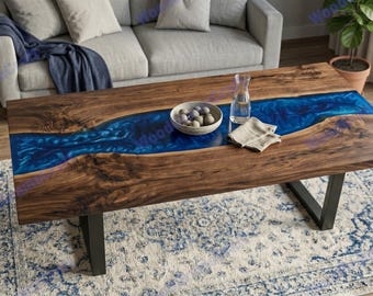 Live Edge Walnut Dining Table with Black Resin River – Modern Industrial Furniture