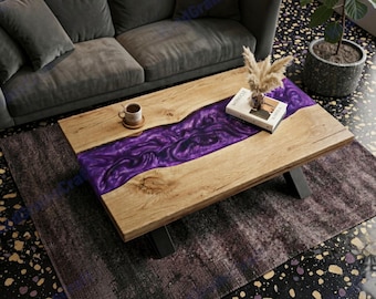Lila epoxiflodsoffbord | Handgjort träcenterbord | Specialtillverkat