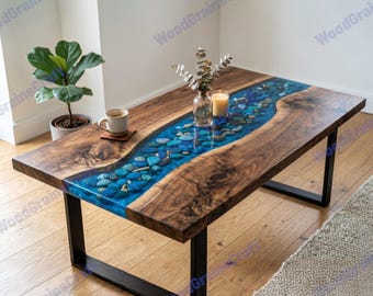 Mesa de centro de nogal con borde natural y resina epoxi, con piedras de río azules / Muebles de resina hechos a mano