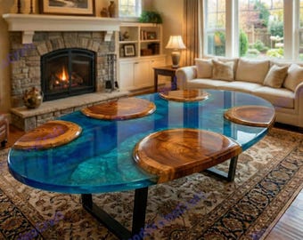 Blue Epoxy River Coffee Table | Live Edge Oval Wood Slice Table