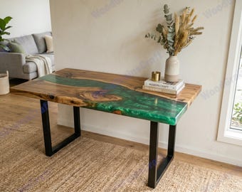 Emerald Green Epoxy  River Table | Live Edge Wood Console Table | Handmade Resin Desk
