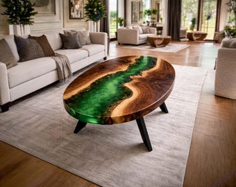 Grün Epoxy River Couchtisch | Handgemachter Live Edge Mitteltisch
