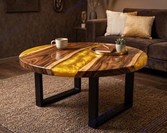 Mesa de centro redonda de madera de nogal / Mesa de resina amarilla con diseño de río