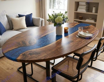 Blue Resin Wood Table | Oval Walnut Epoxy River Table |   Custom Design