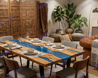 Epoxy River-eettafel met Live Edge | Keukentafel van blauwe hars