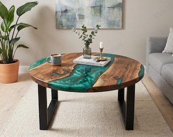 Green Resin Wood Table | Live Edge Walnut Center Table | Custom Made