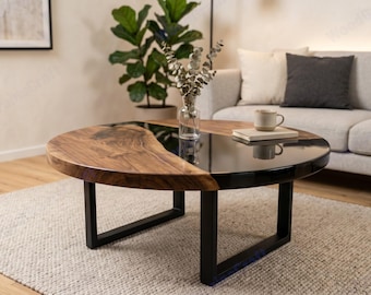 Black Epoxy Resin Table | Round Coffee Table | Walnut Wood Furniture