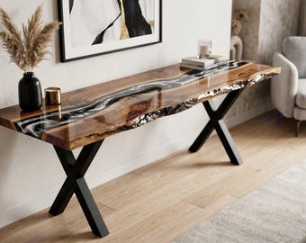 Mesa consola de epoxi blanco y negro / Mesa de nogal con borde natural / Hecha a medida