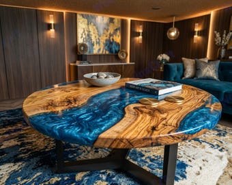 Ronde olijfhouten tafel | Blauwe epoxy rivierkoffietafel