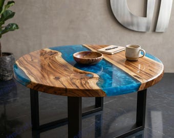 Round Epoxy Resin Coffee Table | Blue River Wood Slab, Modern Metal Base