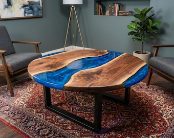 Mesa de centro de resina epoxi azul / Mesa redonda tipo río / Muebles de resina hechos a mano