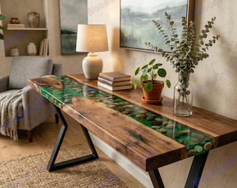 Mesa consola de resina epoxi con guijarros / Mesa de entrada de madera con borde natural