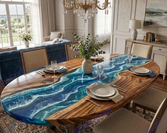 Mesa de resina y madera marina / Mesa de nogal con borde natural / Hecha a medida