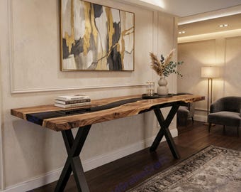 Mesa consola de epoxi negro / Muebles de entrada de nogal con borde natural