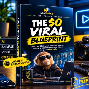May include: A book titled The $0 Viral Blueprint by MlueWorkCo, featuring a monkey wearing sunglasses in front of a laptop. The cover text reads How I got 27M+ views and 30K+ followers in under a week with AI animal videos, using only free tools.