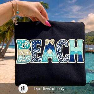 Beach Summer PNG, Preppy Coastal Patchwork Design, Pearl Ocean Waves Seashell, Summer Sublimation T-Shirt Graphic, Trendy Digital Download