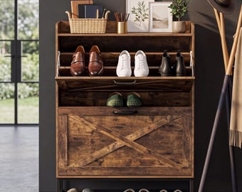 Slim Bamboo Shoe Cabinet – Rustic Entryway Storage Rack, Flip Drawers Organizer