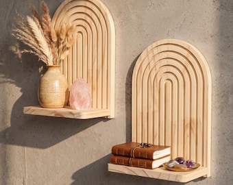 Estantería de pared de madera con forma de arco - Estantería flotante estilo bohemio - Estante de exhibición rústico de madera clara para plantas - Decoración moderna para dormitorio, sala de estar y recibidor - Regalo artístico