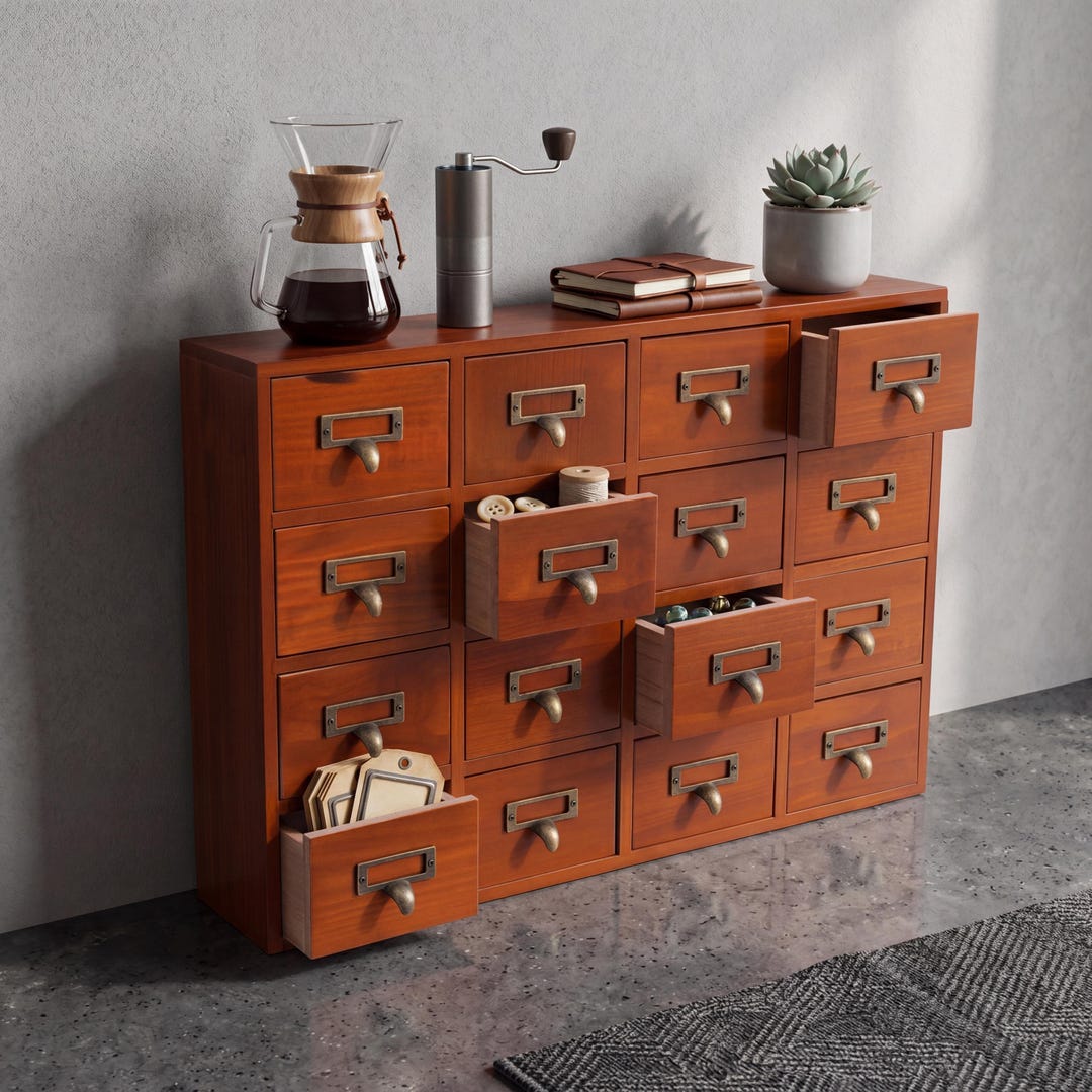 Vintage Pine Wood 16 Drawer Organizer Box With Label Holders – Rustic ...