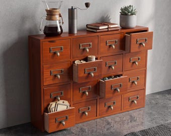 Vintage Pine Wood 16 Drawer Organizer Box with Label Holders – Rustic Storage Cabinet