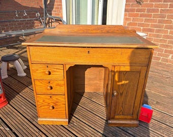 Antique Solid Oak Roll Top Style Writing Desk | Vintage Pedestal Office Desk | Rustic Wooden Study Desk with Drawers