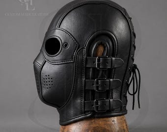 Custom Leather Mask Hood | Black Headgear, Buckle Straps, Cosplay Fashion Headpiece