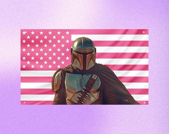Mandalorian Pink US Wall Tapestry Flag, Star Wars Room Decor, Aesthetic Bedroom Wall Art Dorm Banner