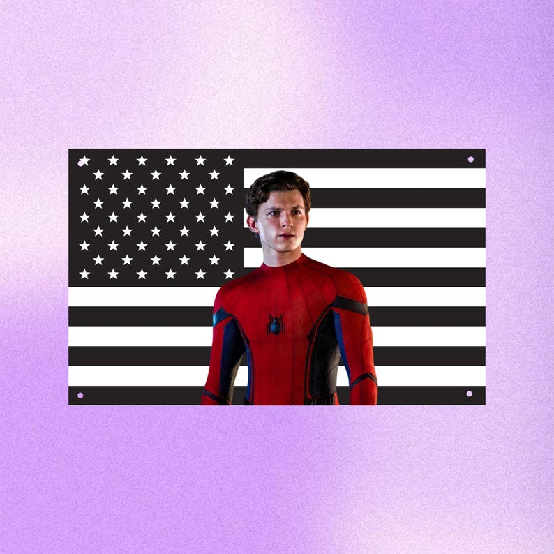 May include: A rectangular graphic featuring a black and white American flag design with a portrait of a person in a red and blue superhero suit. The flag has stars and stripes. The person is looking to the side.