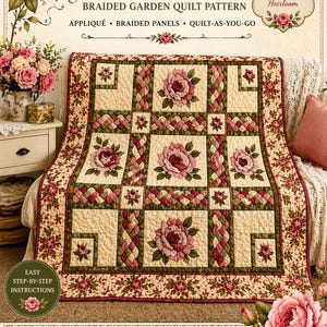 May include: A floral quilt with the text "Antique Tea Roses" features a braided garden quilt pattern. The quilt showcases large pink roses on a cream background, with green and burgundy accents. The quilt is a vintage style and includes easy step-by-step instructions.