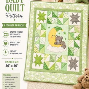 Puede incluir: Un patrón de edredón para bebé verde y blanco con el texto "Sweet Dreams Baby Quilt Pattern". El edredón presenta un diseño de luna y oso, con un tamaño final de 91 cm x 91 cm. Incluye requisitos de tela, tabla de corte, montaje de bloques, diseño de edredón, borde y encuadernación, y consejos y trucos.
