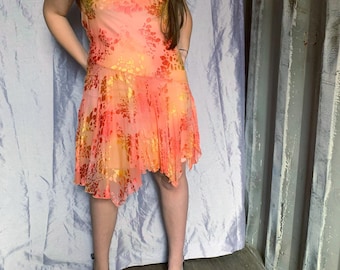 Vintage Silk Chiffon Dress Alessia – 90s Canada – Pink Coral Gold – Ethereal Princess Cocktail Dream Dress
