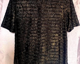 Vintage 80s Fashion Blouse – Round Neck – Vintage Caroll Reed Black & Gold Blouse – Flowing Satin, Straight Cut, Shoulder Pads