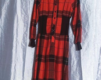 Vintage Lory Ann wool dress – Made in Canada – Red check – 100% pure wool – Chalet style – Circa 1980