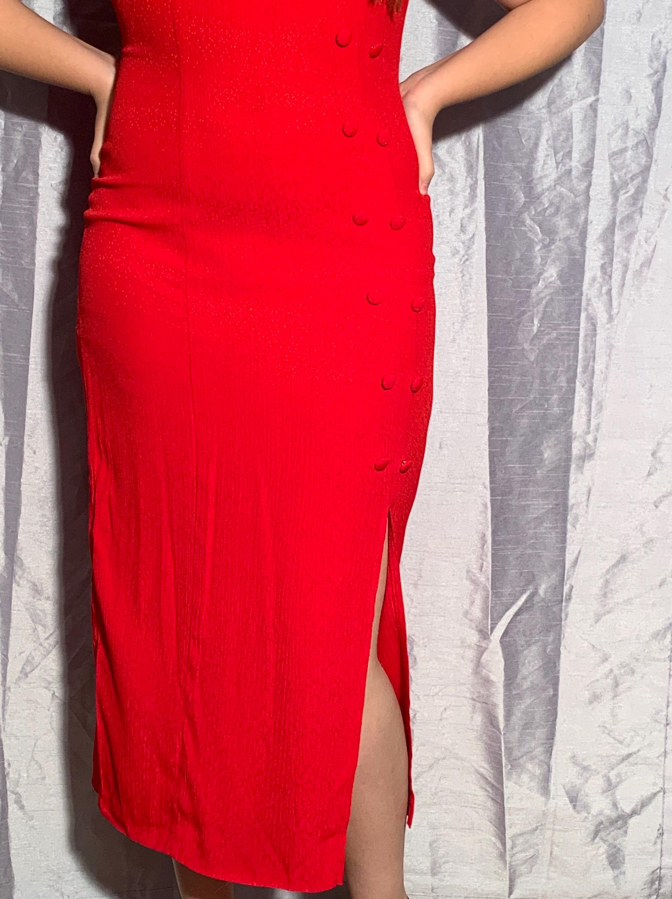 formal dresses 1990s Shoulder Pad Midi Dress – The Obsessions Boutique