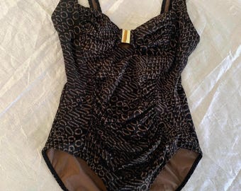 Vintage Calvin Klein One Piece Swimsuit • Y2K Designer Swimwear • Ruched Animal Print Bathing Suit • Brown Black Glam Sculpting Maillot