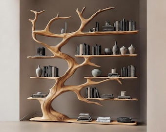 Handcrafted Solid Wood Tree Bookshelf, Live Edge Rustic Wall Storage Furniture
