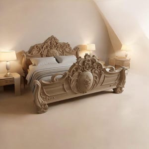 Estructura de cama de madera maciza tallada a mano / Muebles de dormitorio rústicos vintage ornamentados tamaño King/Queen