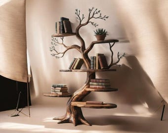 Handcrafted Solid Wood Tree Bookshelf, Nature Inspired Artistic Storage, Rustic Modern Decor