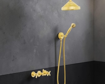 Luxury Brass Shower Set | Rainfall Shower with Handheld | Wall Mount Bathroom System
