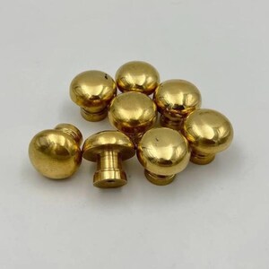 May include: A collection of eight small, polished gold-toned metal knobs. Each knob features a smooth, rounded, mushroom-shaped head attached to a cylindrical base. The metallic surface is reflective, showing highlights and shadows across the set.